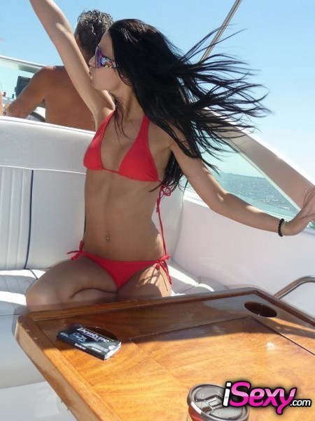 Cute bikini girl having fun on a boat; Amateur Brunette Non Nude 